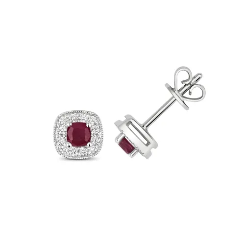 Diamond And Ruby Cushion Studs